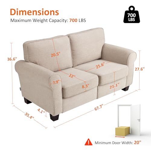 MCombo 67.7" Loveseat Sofa, 2-Seater Small Couch for Small Spaces, Classic Rolled Arm Upholstered Sofa with Solid Wood Legs for Living Room, Removable Cover, Chenille Fabric VE730 (Beige) - color: Beige