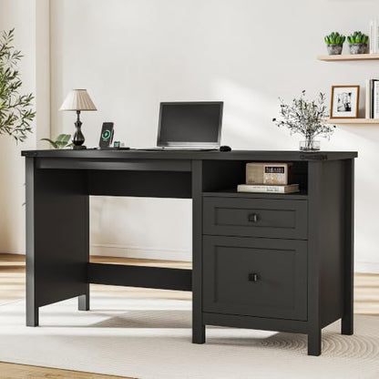 Farmhouse Executive Desk with Charging Station, 45″ Home Office Computer Desk with Drawer & Open Shelf, Writing Desk for Small Space,Black - color: Black