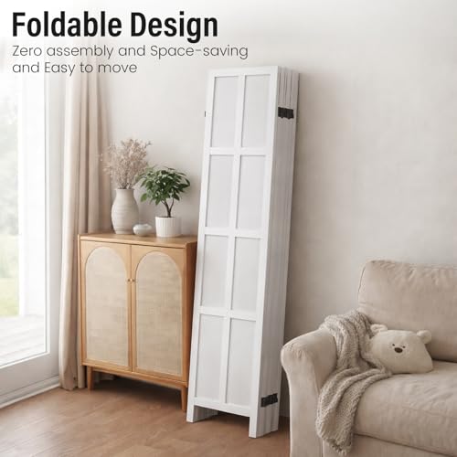 6 Panel Wood Room Divider and Folding Privacy Screen 67″, White | Solid Paulownia Wood Room Partition with 360° Hinges, Freestanding Wall Divider for Room Separation, Home, Bedroom, Office - color: 6 Panels White, size: 6 Panels