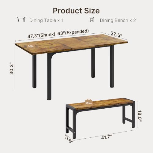 63“ Extendable Dining Table Set with 180° Smart-Flip Pivot, Retro | Dining Table Set for 4,Kitchen Table with Bench,Small Dining Table,Perfect for Small Space,Dinner Room Table Set for 6 - color: Rustic