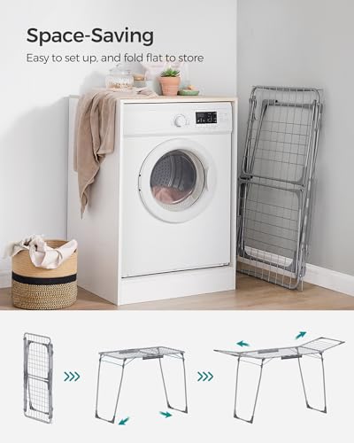 SONGMICS Clothes Drying Rack Foldable, Gullwing Laundry Drying Rack, Space-Saving, 22.2 x 68.1 x 38 Inches, Sock Clips, Metal Structure, for Clothes, Towels, Linens, Indoor, Outdoor Gray ULLR518G01 - color: Gray, style: 2 Gullwings（22.2"D)