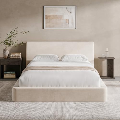 RECCI AirFrame Queen Upholstered Bed Frame with Ergonomic Angled Headboard | Ergonomic Angled Headboard, 360° Soft Foam Surround, Low Profile Cloud Bed Frame, No Box Spring Required, Easy Assembly - color: Beige Chenille, size: Queen
