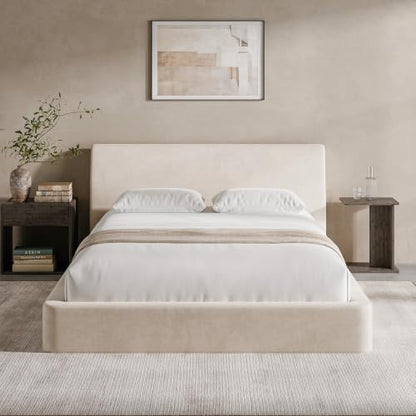RECCI AirFrame Queen Upholstered Bed Frame with Ergonomic Angled Headboard | Ergonomic Angled Headboard, 360° Soft Foam Surround, Low Profile Cloud Bed Frame, No Box Spring Required, Easy Assembly - color: Beige Chenille, size: Queen