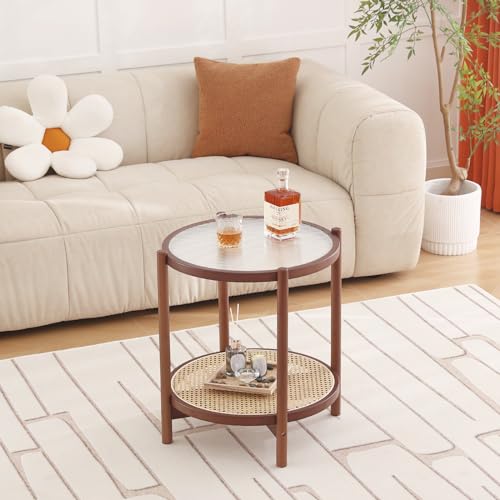 Walnut Rattan End Table with Storage, Bamboo Glass Top Side Table | Open Storage Keeps Books and Decor Organized, Coordinated Pieces Fit Beside Sofas or Beds in Living Rooms and Bedrooms - color: Round Table-s-brown