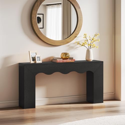 Tribesigns 63" Farmhouse Console Table with Wavy Edge | Wooden Couch Table Behind Sofa with Storage; Long Entryway Sofa Station; Narrow Hallway Stand for Entryway, Living Room - color: Black