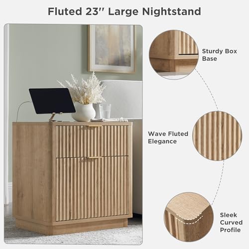 T4TREAM 23'' Fluted Nightstand with Charging Station, Modern, Natural Oak | Large 2 Drawer, Curved Profile, Mid-Century, Bedside Table with Storage, End Table for Living Room, Bedroom, Side Table - color: Natural Oak