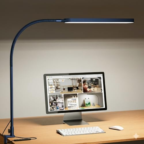 LED Desk Lamp - Desk Light for Home Office - Flexible Gooseneck - 5 Color Modes X 11 Brightness Levels - 1300LM - Timmer & Memory Function - 12W Clip on Light - Blue - style: Blue gooseneck