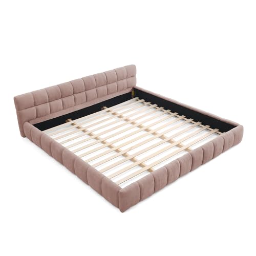 Chenille Fabric Upholstered Platform Bed Frame with Soft Headboard, Modern Low Profile Grounded Design, No Box Spring Needed, Sturdy MDF & Wood Frame, Neutral Style (Pink, King (U.S. Standard)) - color: Pink, size: King (U.S. Standard)