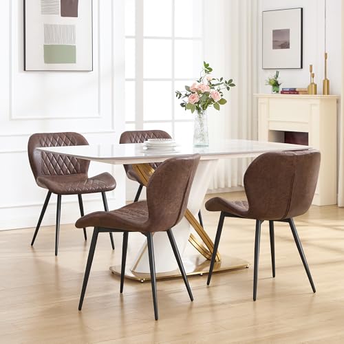 Dining Chairs Set of 4, Comfy Modern Dining Chairs with Thick Cushions, Upholstered Fabric Kitchen Side Chairs with Adjustable Metal Legs for Dining Room (Brown) - color: Brown, size: Set of 4