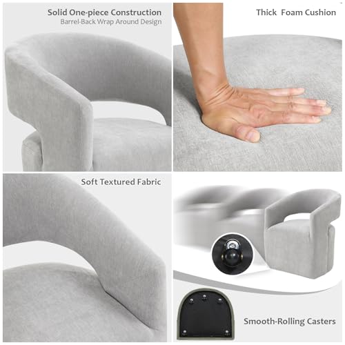 Upholstered Barrel Chair with Casters, Soft Textured Fabric Accent Armchair, Curved Wraparound Backrest, Open Cutout, Rounded Seat for Vanity Office Bedroom, Light Gray - color: Light Gray