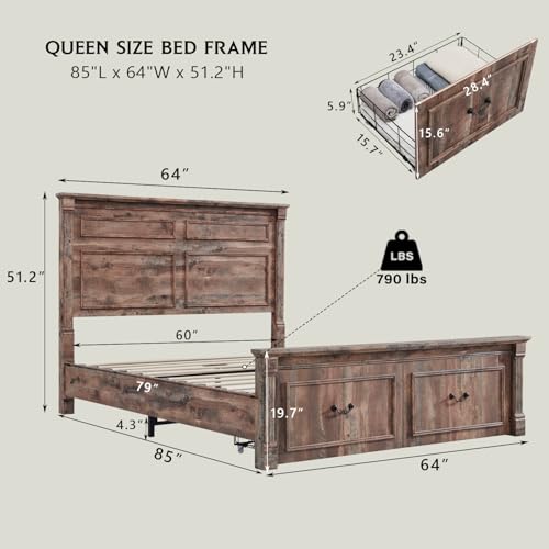 Aitjunz Farmhouse Queen Size Bed Frame with 51" Tall Headboard, Wood Platform Bed Frame with 20" Tall Roman Column Decoration Footboard & 2 Large Storage Drawers, No Box Spring Needed (Light Brown) - color: Light Brown, size: Queen