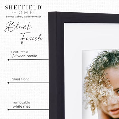Sheffield Home 9 Piece Gallery Wall Frame Set, 12x12 in. Matted to 8x8 in. (Matte Black) - color: Matte Black, size: 12x12 Inch