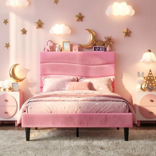 EnHomee Twin Bed Frames with Upholstered Headboard & Charging Station | Adjustable height, Wave design, 2 USB & 1 Type-C ports, Under-bed storage, Noise-free, No box spring needed, Pink - color: Pink, size: Twin
