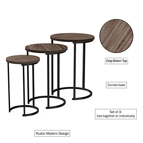 Lavish Home Round Nesting Tables Set of 3, Woodgrain-Look Top, Gray-Brown | 24.5”H / 22.25”H / 20”H Modern Side Tables, Space Saving Accent Table Set, for Living Room, Bedroom, Dorm or Home Office - color: Gray-brown