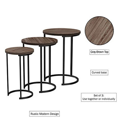 Lavish Home Round Nesting Tables Set of 3, Woodgrain-Look Top, Gray-Brown | 24.5”H / 22.25”H / 20”H Modern Side Tables, Space Saving Accent Table Set, for Living Room, Bedroom, Dorm or Home Office - color: Gray-brown