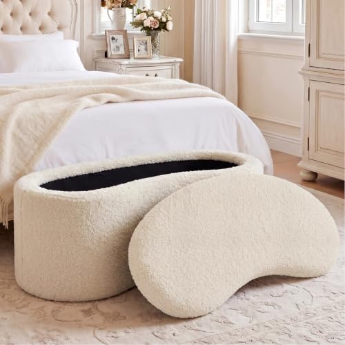 Zesthouse Storage Bench for Bedroom End of Bed, 39.4" Small Curved Entryway Ottoman Bench, White Sherpa Fabric Bench Seat for Living Room Hall Mudroom, Modern Upholstered Coffee Table Crescent Shape - color: White Sherpa, size: Storage Available
