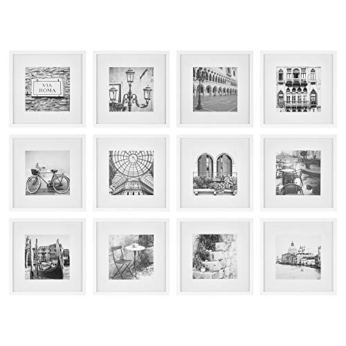 Gallery Perfect - 12-Piece White Square Photo Frame - Set with Hanging Template - Wall Gallery Kit - 16.5"x10.2"x16.7" - Square Wall Mount - Complete Set - Galley Wall - Picture Frame Set - color: White