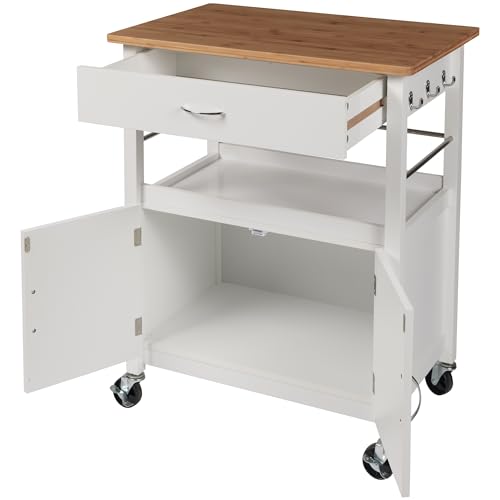 Kitchen Island Cart on Wheels, White Base, Natural Bamboo Top | Drawer, Storage Cabinet, Shelf, Butcher Block - color: White Base