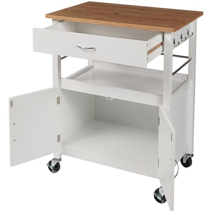 Kitchen Island Cart on Wheels, White Base, Natural Bamboo Top | Drawer, Storage Cabinet, Shelf, Butcher Block - color: White Base