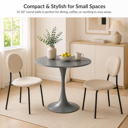 31.5" Grey Round Dining Table, Tulip Pedestal Dining Table for 2-4 | Small Space Dining Table with Grey MDF Round Top, Tulip Pedestal Base, Seats 2-4 for Apartments and Breakfast Nooks - color: Grey