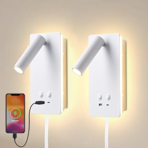 MOLUOLA LED Wall Lamp Wall Mounted Reading Lights Set of 2, Adjustable Headboard Plug in Wall Sconce with USB C+A Ports, Headboard Bedside Lamp with 9W+3W Night Light 3000K (White) - color: White, size: 2 Pack