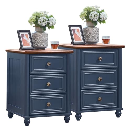 RWYHG 18" Night Stand Set 2, Nightstand with 3 Drawers | Farmhouse Modern Bedside Table, Solid Wood Legs, Metal Handles, Blue Bed Side End Tables for Bedroom Living Room - color: Navy Blue, style: 3 Drawers*2