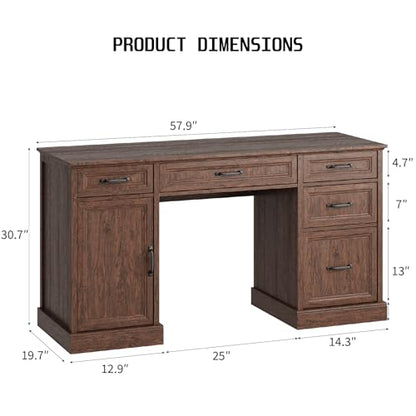 CARPETNAL 58'' Farmhouse Executive Desk with Drawers, Home Office Desk with File Drawer and Storage Cabinet, Rustic Computer Desk for Working, Studying, Writing, Brown - color: Brown