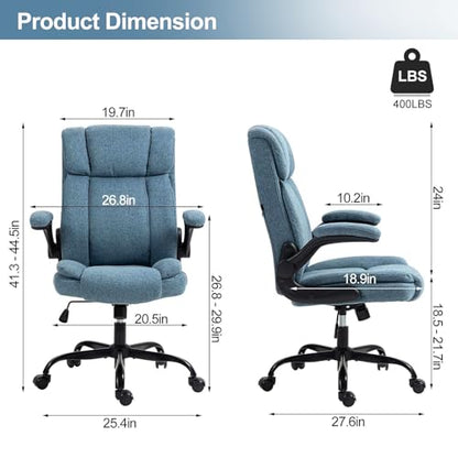 Fabric Office Chair High Back Executive Ergonomic Chair Flip Arms | Premium cloth fabric office chair with high back ergonomic support, flip-up arms, adjustable height, 90°-120° tilt function - color: Blue