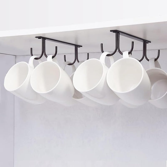 FOMANSH Mug Rack Under Cabinet - Coffee Cup Holder, 8 Mugs Hooks Under Shelf, Display Hanging Cups Drying Hook for Bar Kitchen Utensils Black - color: Black, size: 2 Pack