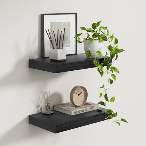 Fun Memories 9 Inch Deep Black Floating Shelves, Farmhouse Rustic Natural Wood Floating Shelf Wall Mounted, 16 x 9 Wall Shelves Set of 2, Deep Black Bathroom Shelves - color: Black, size: 16"W x 9.3"D