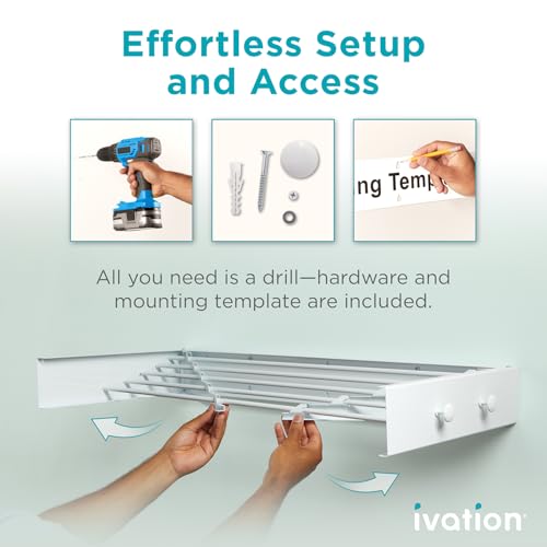 Ivation Retractable Wall Mounted Clothes Drying Rack, 32" Foldable Laundry Drying Rack for Clothing | Collapsible Space-Saving Design & 5 Rods | Easy Installation with Hardware & Wall Template (White) - size: 32 Inch