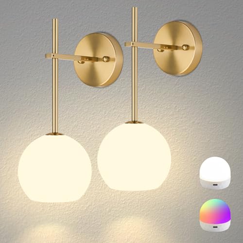 Gold Battery Operated Wall Sconces Set of 2, Rechargeable Wireless Wall Lights with Milky White Frosted Glass Shade, 12 RGB and 3CCT Dimmable, Wall Lamps with Remote for Bedroom Living Room Hallway - color: Gold