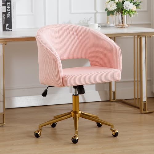 Desk Chair with Wheels, Gold Base, Corduroy Vanity Armchair, Pink | Spacious‌ Soft Seat, Swivel Height Adjustable, Rocking Function, Modern Gold Base for Girls &Women Bedroom Makeup or Nail - color: Pink Corduroy
