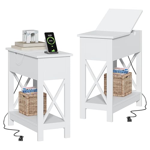 ChooChoo End Tables Living Room Set of 2, Side Table with Charging Station | Narrow Flip Top Side Table, Nightstand Sofa Table for Living Room, Bedroom, White - color: White
