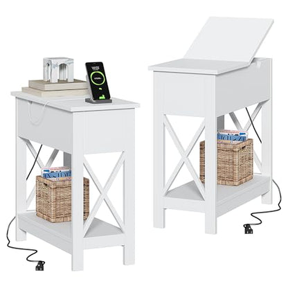 ChooChoo End Tables Living Room Set of 2, Side Table with Charging Station | Narrow Flip Top Side Table, Nightstand Sofa Table for Living Room, Bedroom, White - color: White
