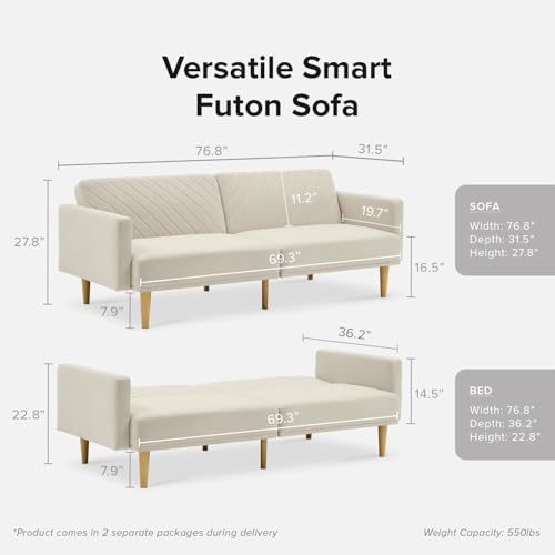 mopio 76.4" Futon Sofa Bed Chevron Styled, Sleeper Couch (Snow Velvet) | Quick-fold back makes an instant nap spot; a lightweight, apartment-friendly frame moves room to room. - color: Snow Velvet