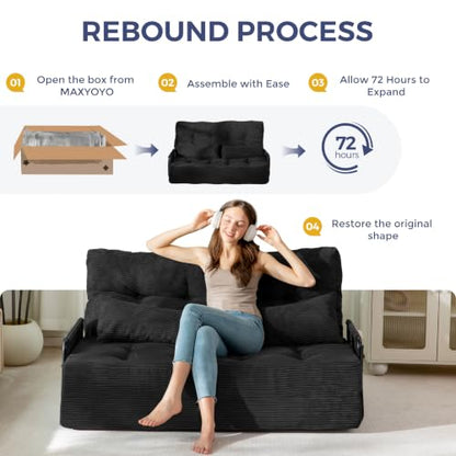 MAXYOYO Adjustable Folding Sofa Bed Couch with 2 Pillows, Black | Multi-Functional Bean Bag Bed, 5-Position Foldable Lazy Floor Sofa Bed with Armrest, Versatile Floor Seating for Reading - color: Black