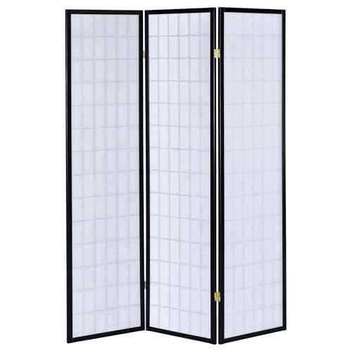 Coaster Home Furnishings - Carrie - Solid Wood - 3-Panel Folding Shoji Screen Room Divider with Black Frame, Linear Grid Design and Metal Hinges - Living Room - Black and White - 4622 - color: Black