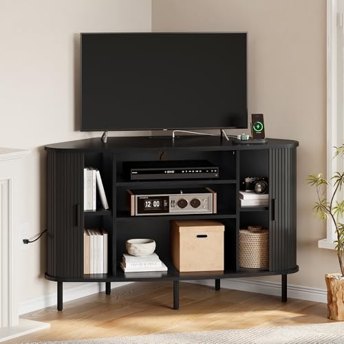 47" Corner TV Stand, Fluted TV Cabinet with Sliding Doors Fits up to 55 Inch TVs, Modern Corner Entertainment Center with Power Outlet, Wood Media Console Table with Storage, Black - color: Black
