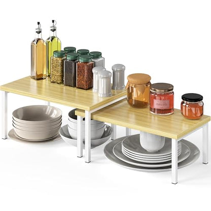 Simple Houseware Stackable Cabinet Counter Shelf Wooden Surface, Oak | Expandable Organizer 7.6" D x 11.75" W x 6.1" H - color: Oak