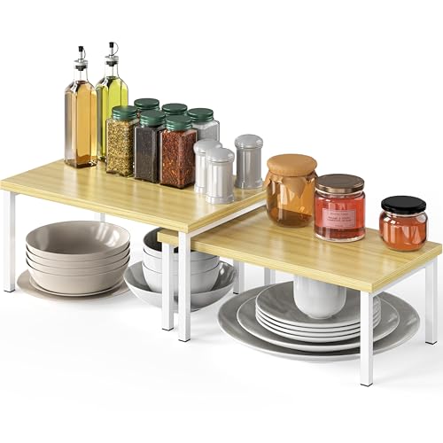 Simple Houseware Stackable Cabinet Counter Shelf Wooden Surface, Oak | Expandable Organizer 7.6" D x 11.75" W x 6.1" H - color: Oak