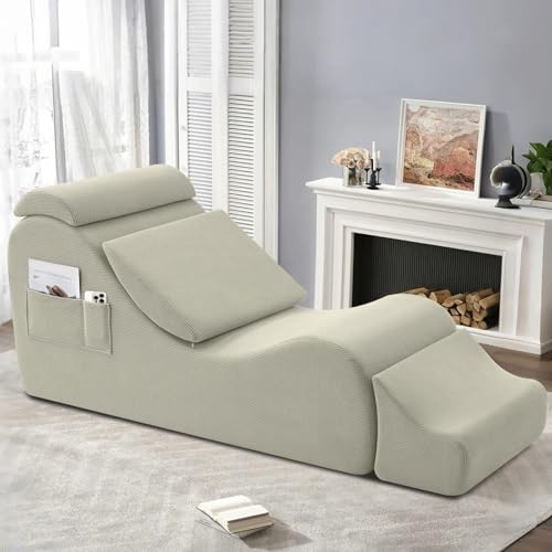 Yoga Chair Lounge for Adult, Ergonomic Chaise Lounge Chair with Side Pocket, Headrest, Waist Pad, Ottoman，Perfect for Stretching, Massage, and Relaxation, Used in Living Room, Bedroom - color: Grey