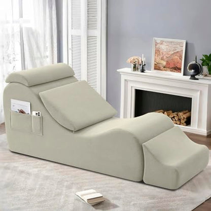 Yoga Chair Lounge for Adult, Ergonomic Chaise Lounge Chair with Side Pocket, Headrest, Waist Pad, Ottoman，Perfect for Stretching, Massage, and Relaxation, Used in Living Room, Bedroom - color: Grey