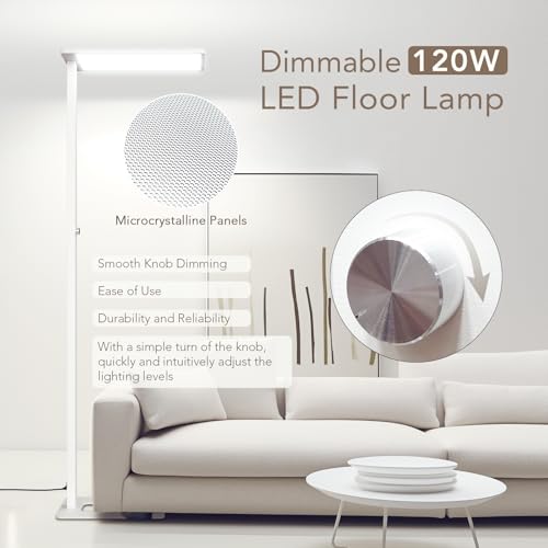 120W LED Floor Lamp, 76.8" Tall Reading Light, 10000LM Knob Dimming Standing Lamp, Full Spectrum Eye Care Reading Lamp, 4000K Natural Daylight for Study Room, Office, Living Room, Bedroom (White) - color: White