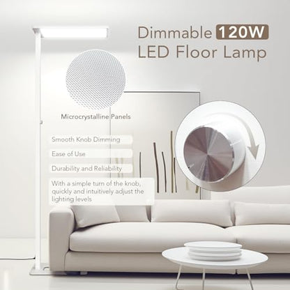 120W LED Floor Lamp, 76.8" Tall Reading Light, 10000LM Knob Dimming Standing Lamp, Full Spectrum Eye Care Reading Lamp, 4000K Natural Daylight for Study Room, Office, Living Room, Bedroom (White) - color: White