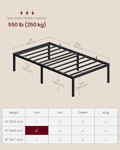VASAGLE Twin Metal Bed Frame 16 Inches Tall, 550 lb Weight Capacity, No Box Spring Needed, with Under-Bed Storage, Easy Setup, Heavy-Duty Platform Bed, Mattress Retainers, Matte Black URMB663BD02S - size: Twin, style: 16 Inch