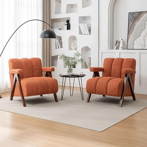 Mid Century Modern Accent Chairs Set of 2 with Solid Wood Frame, Boucle Upholstered Living Room Chairs with Thick Cushion, Comfy Tufted Arm Chair for Bedroom, Orange - color: Orange, size: 1-seater, 2-piece set