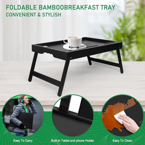 Artmeer Bamboo Bed Tray Table with Device Slot, Folding Legs, Large, Black | FSC-certified bamboo bed tray with folding legs, device slot and handles for meals, laptops, reading and serving in bed. - color: Black, size: Large