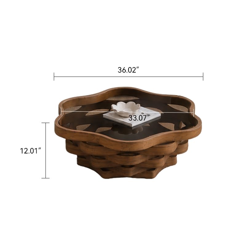 35.8" Cloud Coffee Table with Glass Top & Multi-Laye Wave Base | Modern Unique Irregular Center Table for Living Room, Artistic Cocktail Table for Apartment, Wooden Tea Table - Walnut - color: 35.8" Cloud Coffee Table