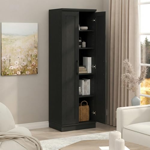 Furinno Robin Storage Cabinet, 5-Tier Pantry Cabinet with Adjustable Shelves, 23W with 2 Shaker-Doors, Kitchen Cabinet, Organization and Storage, for Pantry, Living Room, Home Office, Black Woodgrain - color: Black Woodgrain, size: 5-Tier with Double Door